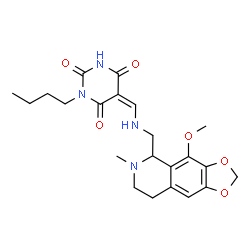 ChemSpider 2D Image | (5Z)-1-Butyl-5-({[(4-methoxy-6-methyl-5,6,7,8-tetrahydro[1,3]dioxolo[4,5-g]isoquinolin-5-yl)methyl]amino}methylene)-2,4,6(1H,3H,5H)-pyrimidinetrione | C22H28N4O6