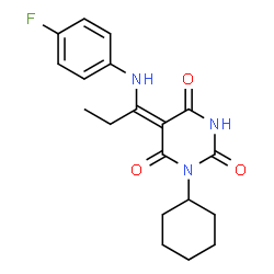 ChemSpider 2D Image | (5E)-1-Cyclohexyl-5-{1-[(4-fluorophenyl)amino]propylidene}-2,4,6(1H,3H,5H)-pyrimidinetrione | C19H22FN3O3