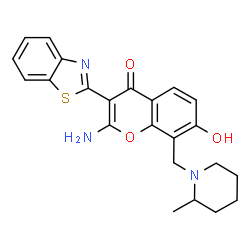 ChemSpider 2D Image | 2-Amino-3-benzothiazol-2-yl-7-hydroxy-8-(2-methyl-piperidin-1-ylmethyl)-chromen-4-one | C23H23N3O3S