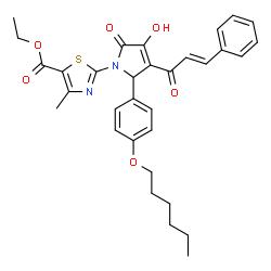 ChemSpider 2D Image | Ethyl 2-{2-[4-(hexyloxy)phenyl]-4-hydroxy-5-oxo-3-[(2E)-3-phenyl-2-propenoyl]-2,5-dihydro-1H-pyrrol-1-yl}-4-methyl-1,3-thiazole-5-carboxylate | C32H34N2O6S