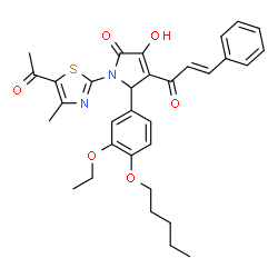 ChemSpider 2D Image | 1-(5-Acetyl-4-methyl-1,3-thiazol-2-yl)-5-[3-ethoxy-4-(pentyloxy)phenyl]-3-hydroxy-4-[(2E)-3-phenyl-2-propenoyl]-1,5-dihydro-2H-pyrrol-2-one | C32H34N2O6S