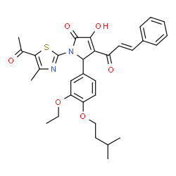 ChemSpider 2D Image | 1-(5-Acetyl-4-methyl-1,3-thiazol-2-yl)-5-[3-ethoxy-4-(3-methylbutoxy)phenyl]-3-hydroxy-4-[(2E)-3-phenyl-2-propenoyl]-1,5-dihydro-2H-pyrrol-2-one | C32H34N2O6S