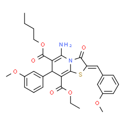 ChemSpider 2D Image | 6-Butyl 8-ethyl (2Z)-5-amino-2-(3-methoxybenzylidene)-7-(3-methoxyphenyl)-3-oxo-2,3-dihydro-7H-[1,3]thiazolo[3,2-a]pyridine-6,8-dicarboxylate | C30H32N2O7S