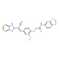ChemSpider 2D Image | 2-{4-[(E)-2-(1H-Benzimidazol-2-yl)-2-cyanovinyl]-2-methoxyphenoxy}-N-(1,3-benzodioxol-5-yl)acetamide | C26H20N4O5
