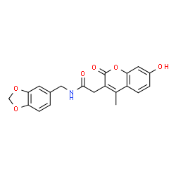 ChemSpider 2D Image | N-(1,3-Benzodioxol-5-ylmethyl)-2-(7-hydroxy-4-methyl-2-oxo-2H-chromen-3-yl)acetamide | C20H17NO6