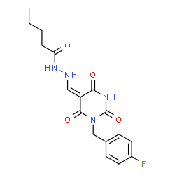 ChemSpider 2D Image | N'-{(E)-[1-(4-Fluorobenzyl)-2,4,6-trioxotetrahydro-5(2H)-pyrimidinylidene]methyl}pentanehydrazide | C17H19FN4O4