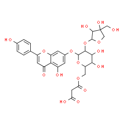 ChemSpider 2D Image | 5-Hydroxy-2-(4-hydroxyphenyl)-4-oxo-4H-chromen-7-yl 6-O-(carboxyacetyl)-2-O-[3,4-dihydroxy-4-(hydroxymethyl)tetrahydro-2-furanyl]hexopyranoside | C29H30O17