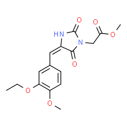 ChemSpider 2D Image | Methyl [(4E)-4-(3-ethoxy-4-methoxybenzylidene)-2,5-dioxo-1-imidazolidinyl]acetate | C16H18N2O6