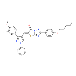 ChemSpider 2D Image | (5Z)-5-{[3-(3-Fluoro-4-methoxyphenyl)-1-phenyl-1H-pyrazol-4-yl]methylene}-2-[4-(pentyloxy)phenyl][1,3]thiazolo[3,2-b][1,2,4]triazol-6(5H)-one | C32H28FN5O3S