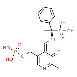 ChemSpider 2D Image | [(1R)-1-{[(Z)-{2-Methyl-3-oxo-5-[(phosphonooxy)methyl]-4(3H)-pyridinylidene}methyl]amino}-1-phenylethyl]phosphonic acid | C16H20N2O8P2