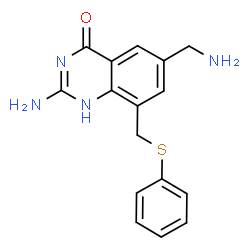 ChemSpider 2D Image | 2-AMINO-6-AMINOMETHYL-8-PHENYLSULFANYLMETHYL-3H-QUINAZOLIN-4-ONE | C16H16N4OS