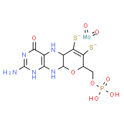 ChemSpider 2D Image | Dioxomolybdenum(2+) 2-amino-4-oxo-8-[(phosphonooxy)methyl]-1,5,5a,8,9a,10-hexahydro-4H-pyrano[3,2-g]pteridine-6,7-bis(thiolate) | C10H12MoN5O8PS2