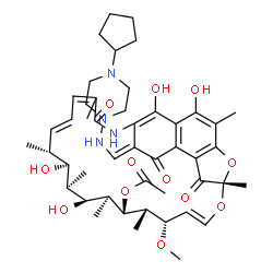 ChemSpider 2D Image | (7S,9E,11S,12S,13S,14S,15R,16R,17S,18S,26E)-26-{[(4-Cyclopentyl-1-piperazinyl)amino]methylene}-2,15,17,29-tetrahydroxy-11-methoxy-3,7,12,14,16,18,22-heptamethyl-6,23,27-trioxo-8,30-dioxa-24-azatetracy
clo[23.3.1.1~4,7~.0~5,28~]triaconta-1(28),2,4,9,19,21,25(29)-heptaen-13-yl acetate | C47H64N4O12