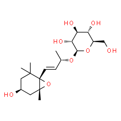 ChemSpider 2D Image | (2S,3E)-4-[(1S,4S,6R)-4-Hydroxy-2,2,6-trimethyl-7-oxabicyclo[4.1.0]hept-1-yl]-3-buten-2-yl beta-D-glucopyranoside | C19H32O8