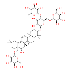 ChemSpider 2D Image | (3beta,5xi,9xi,16alpha,17xi)-28-(beta-D-Glucopyranosyloxy)-16-hydroxyoleana-11,13(18)-dien-3-yl 6-deoxy-beta-D-gulopyranosyl-(1->4)-[beta-D-glucopyranosyl-(1->6)]-beta-D-glucopyranoside | C54H88O22