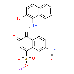 ChemSpider 2D Image | Sodium (4E)-4-[(2-hydroxy-1-naphthyl)hydrazono]-7-nitro-3-oxo-3,4-dihydro-1-naphthalenesulfonate | C20H12N3NaO7S