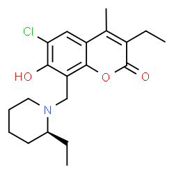 ChemSpider 2D Image | 6-Chloro-3-ethyl-8-{[(2S)-2-ethyl-1-piperidinyl]methyl}-7-hydroxy-4-methyl-2H-chromen-2-one | C20H26ClNO3