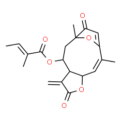 ChemSpider 2D Image | (2Z)-2,11-Dimethyl-7-methylene-6,12-dioxo-5,14-dioxatricyclo[9.2.1.0~4,8~]tetradeca-1(13),2-dien-9-yl (2E)-2-methyl-2-butenoate | C20H22O6