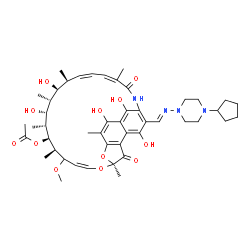 ChemSpider 2D Image | (7S,9Z,12R,13S,14R,15R,16R,17S,18S,19Z,21Z)-26-{(E)-[(4-Cyclopentyl-1-piperazinyl)imino]methyl}-2,15,17,27,29-pentahydroxy-11-methoxy-3,7,12,14,16,18,22-heptamethyl-6,23-dioxo-8,30-dioxa-24-azatetracy
clo[23.3.1.1~4,7~.0~5,28~]triaconta-1(29),2,4,9,19,21,25,27-octaen-13-yl acetate | C47H64N4O12