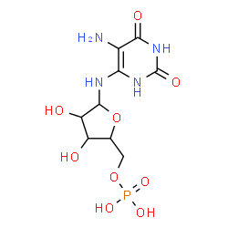 ChemSpider 2D Image | N-(5-Amino-2,6-dioxo-1,2,3,6-tetrahydro-4-pyrimidinyl)-5-O-phosphonopentofuranosylamine | C9H15N4O9P