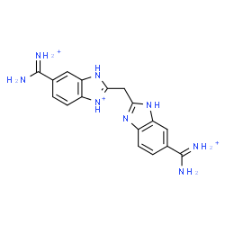 ChemSpider 2D Image | 6-[Amino(iminio)methyl]-2-({6-[amino(iminio)methyl]-1H-benzimidazol-2-yl}methyl)-1H-benzimidazol-3-ium | C17H19N8