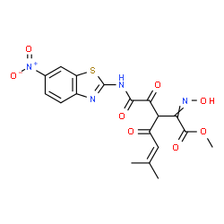 ChemSpider 2D Image | Methyl 2-(hydroxyimino)-6-methyl-3-{[(6-nitro-1,3-benzothiazol-2-yl)amino](oxo)acetyl}-4-oxo-5-heptenoate | C18H16N4O8S