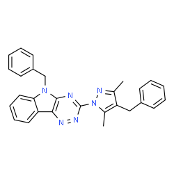 ChemSpider 2D Image | 5-Benzyl-3-(4-benzyl-3,5-dimethyl-1H-pyrazol-1-yl)-5H-[1,2,4]triazino[5,6-b]indole | C28H24N6