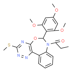 ChemSpider 2D Image | 1-[3-(Methylsulfanyl)-6-(2,4,6-trimethoxyphenyl)[1,2,4]triazino[5,6-d][3,1]benzoxazepin-7(6H)-yl]-1-propanone | C23H24N4O5S