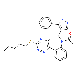 ChemSpider 2D Image | 1-[3-(Pentylsulfanyl)-6-(5-phenyl-1H-pyrazol-4-yl)[1,2,4]triazino[5,6-d][3,1]benzoxazepin-7(6H)-yl]ethanone | C26H26N6O2S