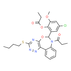 ChemSpider 2D Image | 2-[3-(Butylsulfanyl)-7-propionyl-6,7-dihydro[1,2,4]triazino[5,6-d][3,1]benzoxazepin-6-yl]-4-chloro-6-methoxyphenyl propionate | C27H29ClN4O5S