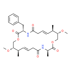 ChemSpider 2D Image | (3S,7E,9R,10S,14R,18E,20R,21S)-3-Benzyl-10,21-dimethoxy-9,14,20-trimethyl-1,12-dioxa-4,15-diazacyclodocosa-7,18-diene-2,5,13,16-tetrone | C30H42N2O8