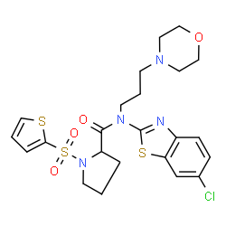 ChemSpider 2D Image | N-(6-Chloro-1,3-benzothiazol-2-yl)-N-[3-(4-morpholinyl)propyl]-1-(2-thienylsulfonyl)prolinamide | C23H27ClN4O4S3
