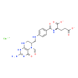 ChemSpider 2D Image | Calcium (2R)-2-{[4-({[(6S)-2-amino-5-formyl-4-oxo-1,4,5,6,7,8-hexahydro-6-pteridinyl]methyl}amino)benzoyl]amino}pentanedioate | C20H21CaN7O7