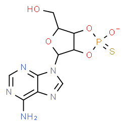 ChemSpider 2D Image | 4-(6-Amino-9H-purin-9-yl)-6-(hydroxymethyl)tetrahydrofuro[3,4-d][1,3,2]dioxaphosphol-2-olate 2-sulfide | C10H11N5O5PS