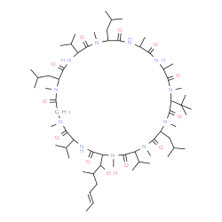 ChemSpider 2D Image | 33-[(4E)-1-Hydroxy-2-methyl-4-hexen-1-yl]-6,18,24-triisobutyl-3,21,30-triisopropyl-1,4,7,10,12,15,19,25,28-nonamethyl-9-(2-methyl-2-propanyl)-1,4,7,10,13,16,19,22,25,28,31-undecaazacyclotritriacontane
-2,5,8,11,14,17,20,23,26,29,32-undecone | C63H113N11O12