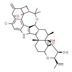 ChemSpider 2D Image | (2R,3S,3aS,4aR,5R,6aR,7S,8S,14cR)-12-Chloro-2-isopropenyl-5,14c,17,17-tetramethyl-10-methylene-3,3a,6,6a,7,8,9,9a,10,11,14,14b,14c,15,16,16a-hexadecahydro-2H,4bH-7,8-(epoxymethano)cyclobuta[5,6]benzo[
1,2-e]oxireno[4',4a']chromeno[5',6':6,7]indeno[1,2-b]indole-3,4b,7d(5H)-triol | C37H44ClNO6