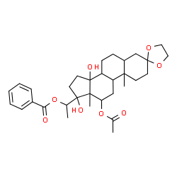 ChemSpider 2D Image | 1-(12-Acetoxy-14,17-dihydroxy-10,13-dimethylhexadecahydrospiro[cyclopenta[a]phenanthrene-3,2'-[1,3]dioxolan]-17-yl)ethyl benzoate | C32H44O8