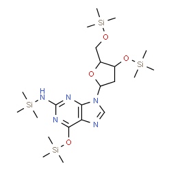 ChemSpider 2D Image | 9-[2-Deoxy-3,5-bis-O-(trimethylsilyl)pentofuranosyl]-N-(trimethylsilyl)-6-[(trimethylsilyl)oxy]-9H-purin-2-amine | C22H45N5O4Si4