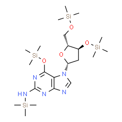ChemSpider 2D Image | 7-[2-Deoxy-3,5-bis-O-(trimethylsilyl)-beta-D-erythro-pentofuranosyl]-N-(trimethylsilyl)-6-[(trimethylsilyl)oxy]-7H-purin-2-amine | C22H45N5O4Si4
