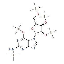 ChemSpider 2D Image | N-(Trimethylsilyl)-6-[(trimethylsilyl)oxy]-7-[2,3,5-tris-O-(trimethylsilyl)-beta-D-ribofuranosyl]-7H-purin-2-amine | C25H53N5O5Si5