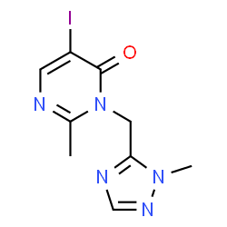 ChemSpider 2D Image | 5-Iodo-2-methyl-3-[(1-methyl-1H-1,2,4-triazol-5-yl)methyl]-4(3H)-pyrimidinone | C9H10IN5O