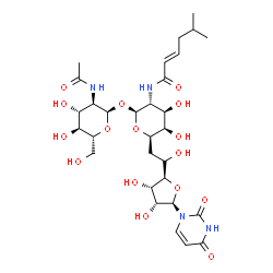 ChemSpider 2D Image | (2E)-N-[(2S,3R,4R,5R,6R)-2-{[(2R,3R,4R,5S,6R)-3-Acetamido-4,5-dihydroxy-6-(hydroxymethyl)tetrahydro-2H-pyran-2-yl]oxy}-6-{(2R)-2-[(2R,3S,4R,5R)-5-(2,4-dioxo-3,4-dihydro-1(2H)-pyrimidinyl)-3,4-dihydrox
ytetrahydro-2-furanyl]-2-hydroxyethyl}-4,5-dihydroxytetrahydro-2H-pyran-3-yl]-5-methyl-2-hexenamide | C30H46N4O16