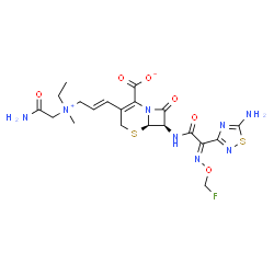 ChemSpider 2D Image | (6R,7R)-3-{(1E)-3-[(2-Amino-2-oxoethyl)(ethyl)methylammonio]-1-propen-1-yl}-7-({(2E)-2-(5-amino-1,2,4-thiadiazol-3-yl)-2-[(fluoromethoxy)imino]acetyl}amino)-8-oxo-5-thia-1-azabicyclo[4.2.0]oct-2-ene-2
-carboxylate | C20H25FN8O6S2