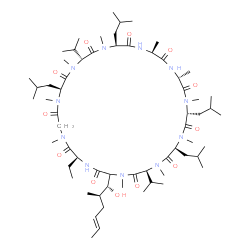 ChemSpider 2D Image | (3S,6S,9R,12R,15S,18S,21R,24S,30S)-30-Ethyl-33-[(1R,2R,4E)-1-hydroxy-2-methyl-4-hexen-1-yl]-6,9,18,24-tetraisobutyl-3,21-diisopropyl-1,4,7,10,12,15,19,22,25,28-decamethyl-1,4,7,10,13,16,19,22,25,28,31
-undecaazacyclotritriacontane-2,5,8,11,14,17,20,23,26,29,32-undecone | C63H113N11O12