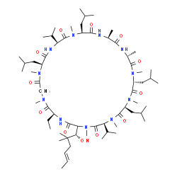 ChemSpider 2D Image | (3S,6S,9R,12R,15S,18S,21S,24S,30S)-30-Ethyl-33-[(1R,4E)-1-hydroxy-2,2-dimethyl-4-hexen-1-yl]-6,9,18,24-tetraisobutyl-3,21-diisopropyl-1,4,7,10,12,15,19,25,28-nonamethyl-1,4,7,10,13,16,19,22,25,28,31-u
ndecaazacyclotritriacontane-2,5,8,11,14,17,20,23,26,29,32-undecone | C63H113N11O12
