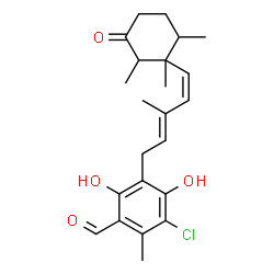 ChemSpider 2D Image | 3-Chloro-4,6-dihydroxy-2-methyl-5-[(2E,4Z)-3-methyl-5-(1,2,6-trimethyl-3-oxocyclohexyl)-2,4-pentadien-1-yl]benzaldehyde | C23H29ClO4