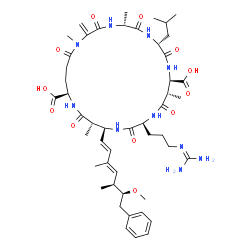 ChemSpider 2D Image | (5R,8R,11R,12S,15S,18S,19S,22R)-15-(3-Carbamimidamidopropyl)-8-isobutyl-18-[(1E,3E,5S,6S)-6-methoxy-3,5-dimethyl-7-phenyl-1,3-heptadien-1-yl]-1,5,12,19-tetramethyl-2-methylene-3,6,9,13,16,20,25-heptaoxo-1,4,7,10,14,17,21-heptaazacyclopentacosane-11,22-dicarboxylic acid | C49H74N10O12