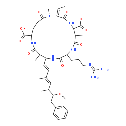 ChemSpider 2D Image | (2E)-9-{3-[(Diaminomethylene)amino]propyl}-2-ethylidene-12-[(1E,3E)-6-methoxy-3,5-dimethyl-7-phenyl-1,3-heptadien-1-yl]-1,6,13-trimethyl-3,7,10,14,19-pentaoxo-1,4,8,11,15-pentaazacyclononadecane-5,16-
dicarboxylic acid | C41H60N8O10