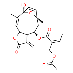 ChemSpider 2D Image | (1R,2Z,9R,11S)-1-Hydroxy-2,11-dimethyl-7-methylene-6-oxo-5,14-dioxatricyclo[9.2.1.0~4,8~]tetradeca-2,12-dien-9-yl (2Z)-2-(acetoxymethyl)-2-butenoate | C22H26O8