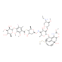 ChemSpider 2D Image | S-[(2R,3S,4S,6S)-6-({[(2R,3S,4S,5R)-5-{[(2S,4S,5S)-5-(Ethylamino)-4-methoxytetrahydro-2H-pyran-2-yl]oxy}-4-hydroxy-6-{[(2S,5Z,9S,13E)-9-hydroxy-12-[(methoxycarbonyl)amino]-13-[2-(methyltrisulfanyl)eth
ylidene]-11-oxobicyclo[7.3.1]trideca-1(12),5-diene-3,7-diyn-2-yl]oxy}-2-methyltetrahydro-2H-pyran-3-yl]amino}oxy)-4-hydroxy-2-methyltetrahydro-2H-pyran-3-yl] 4-{[(2S,3R,4R,5S,6S)-3,5-dihydroxy-4-metho
xy-6-methyltetrahydro-2H-pyran-2-yl]oxy}-3-i | C55H74IN3O21S4